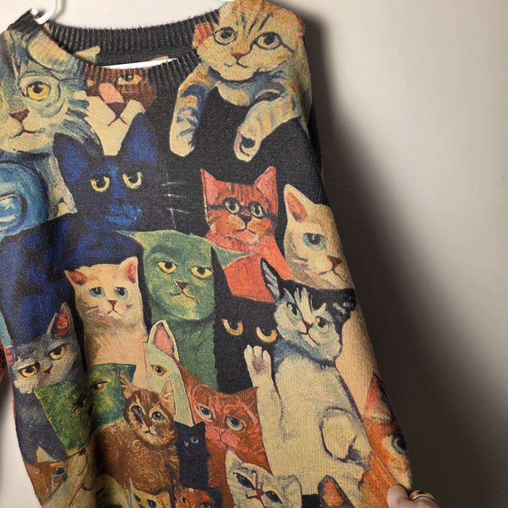 Vintage Style Cat Tapestry Sweater Oversized Large Wool Blend Feline Art Graphic - Picture 4 of 6